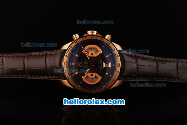 Tag Heuer Carrera Calibre 17 Swiss Valjoux 7750 Automatic Movement Rose Gold Case with Brown Dial - Rose Gold Stick Markers and Brown Leather Strap - Click Image to Close